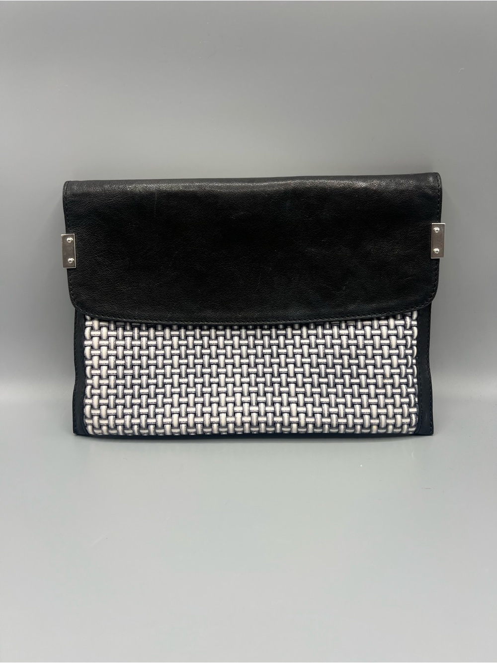 Stuart Weitzman Black White Leather Fold Over Clutch Party Evening Bag